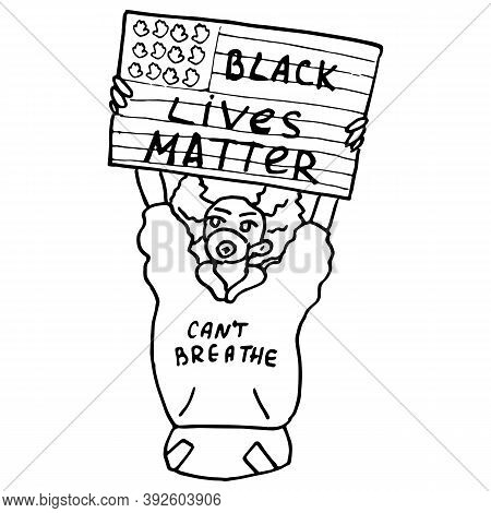 Woman Protester On White Isolated Backdrop. Woman Antiracist Activist For Invitation Or Gift Card, S