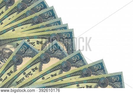 50 Nepalese Rupees Bills Lies Isolated On White Background With Copy Space Stacked In Fan Close Up