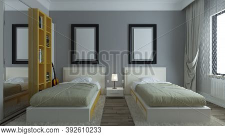 Modern Dorm Room, Grey Walls, Yellow Bookcase, Twin Bed With Photo Frame Interior Design Concept 3d 