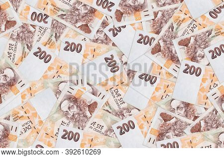 200 Czech Korun Bills Lies In Big Pile. Rich Life Conceptual Background