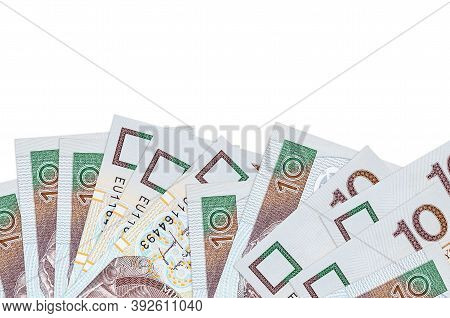 10 Polish Zloty Bills Lies On Bottom Side Of Screen Isolated On White Background With Copy Space. Ba