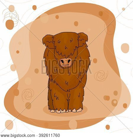Cute Cartoon Bull High Land Cow Is Standing On The Ground On Pink And Brown Background