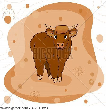 Cute Cartoon Bull High Land Cow Is Standing On The Ground On Pink And Brown Background