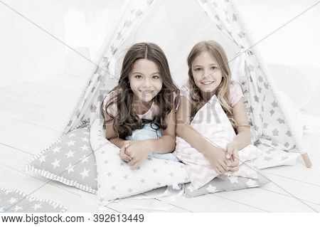 Sisters Or Best Friends Spend Time Together Lay In Tipi House. Girls Having Fun Tipi House. Girlish 