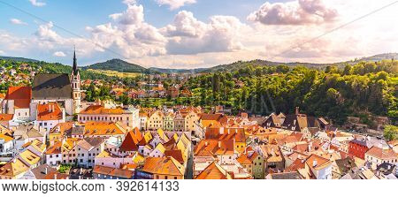 Panoramic View Of Cesky Krumlov With St Vitus Church In The Middle Of Historical City Centre. Cesky 