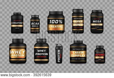 Sports Food Bottles And Low Sugar Protein Bars. Fitness Nutrition, Vitamins, L-carnitine, Casein Cap