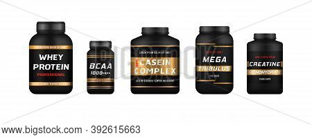 Sports Food Bottles And Low Sugar Protein Bars. Fitness Nutrition, Vitamins, L-carnitine, Casein Cap
