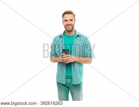 Your New Go-to Coffee Order. Happy Man Enjoy Drinking Coffee. Handsome Guy With Takeaway Coffee Isol