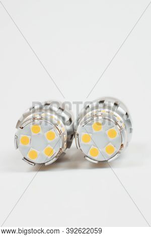 Car 12v Led Bulbs For Headlight. Isolate On White Background