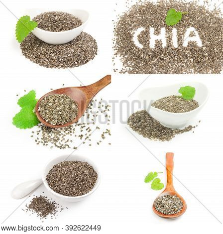Set Of Nutritious Chia Seeds Isolated On White