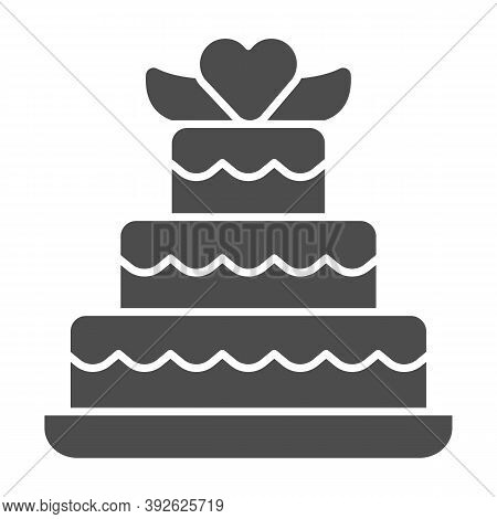 Three Tiered Cake With Heart On Top Solid Icon, Birthday Cupcake Concept, Wedding Cake Sign On White