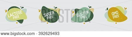Set Of Allergen Free Badges. Lactose, Gluten, Sugar And Gmo Free. Vector Signs Of Allergen Contant F