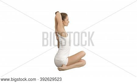 Yoga Or Pilates Exercise Without Mat Gomukasana, Cow Face Pose On White Background.