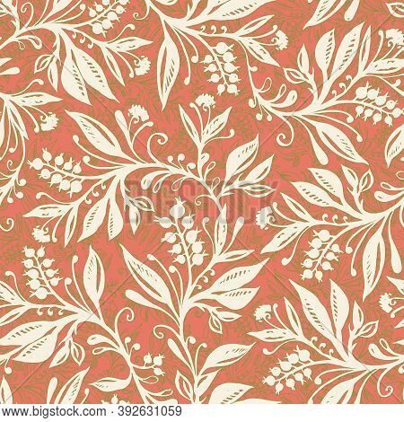 Floral Seamless Pattern With Leaves And Berries In Coral, Cream And Chartreuse Green Colors, Hand-dr