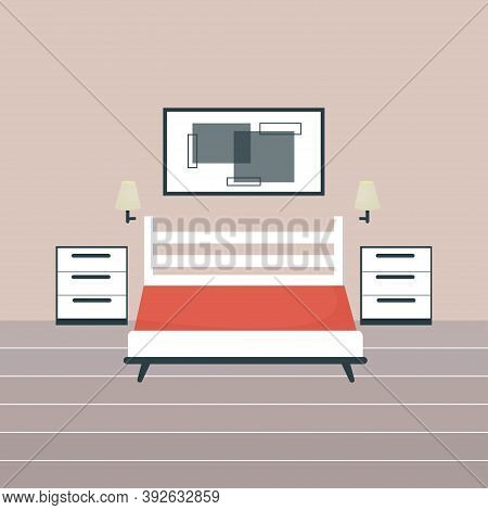 Modern Interior Of Bedroom With Bed, Lamps. Comfortable Room Stock Vector Illustration. Bright And S