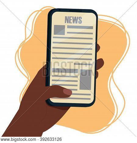 Reading News On Screen Of Smartphone. Hand Afro-american Ethnic Holding Mobile Phone. Breaking News,