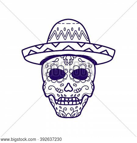 Head Skull Wearing Hat, Vector Illustration. Dia De Los Muertos