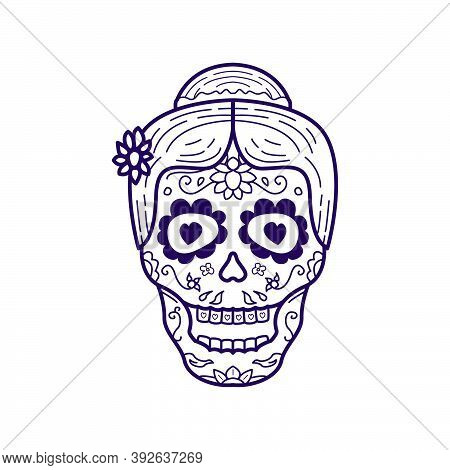 Woman Head Skull Vector Illustration. Dia De Los Muertos
