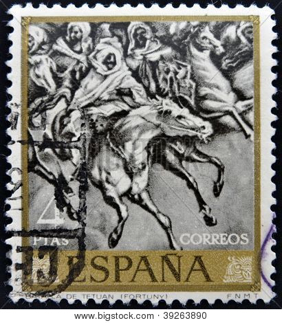 Španělsko - CIRCA 1968: Razítko, tištěné ve Španělsku ukazuje bitva Tetuan 1860 malby Mariano Fortuny