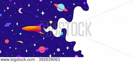 Universe. Motivation Banner With Universe Cloud, Dark Cosmos, Planet, Stars And Rocket Spaceship. Ba