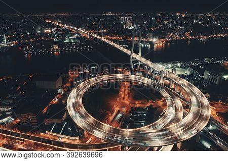 Shanghai Nanpu Bridge over Huangpu River with busy traffic in China.