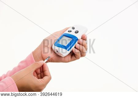 Closeup Hand Woman Measuring Glucose Test Level Checking On Finger By Glucometer She Monitor And Con