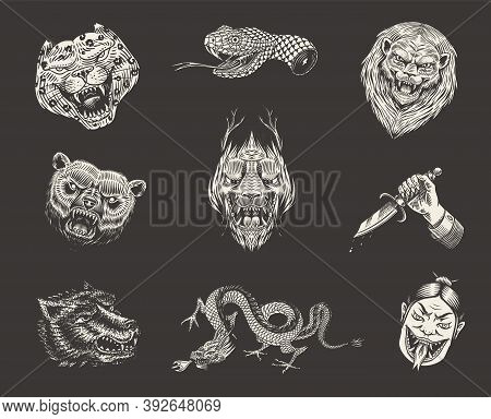 Set Of Fashion Patches. Tattoo Artwork. Bear Dragon Lion Snake Dagger Hare. Hand Drawn Engraved In O