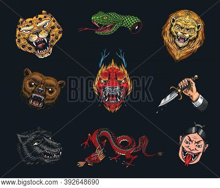 Set Of Fashion Patches. Tattoo Artwork. Bear Dragon Lion Snake Dagger Hare. Hand Drawn Engraved In O