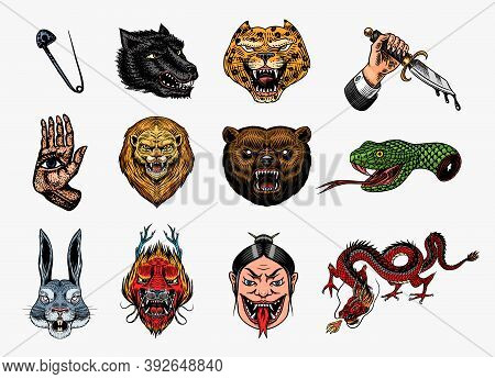 Set Of Fashion Patches. Tattoo Artwork. Bear Dragon Lion Snake Dagger Hare. Hand Drawn Engraved In O