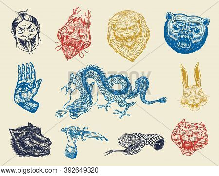 Set Of Fashion Patches. Tattoo Artwork. Bear Dragon Lion Snake Dagger Hare. Hand Drawn Engraved In O