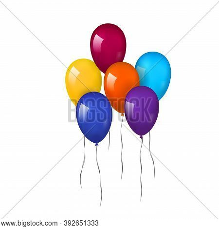 Balloons 3d Bunch Set, Thread, Isolated White Background. Color Glossy Flying Baloon, Ribbon, Birthd