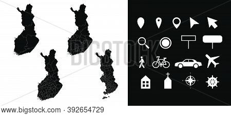 Map Of Finland Administrative Regions Departments With Icons. Map Location Pin, Arrow, Looking Glass