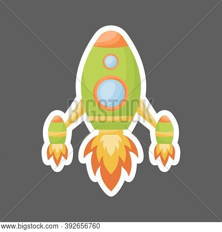 Cartoon Green Rocket With Fire Trace Launched Into Space For Design Of Notebook, Cards, Invitation. 