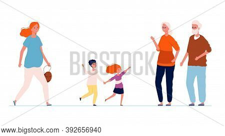 Grandparents And Grandchildren. Old People Meeting Boy And Girl And Their Mom. Pregnant Woman With K