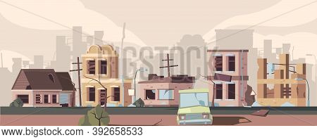 Apocalypse Damaged City. Urban Landscape With Destroyed Houses Decay Trouble Buildings Catastrophe V