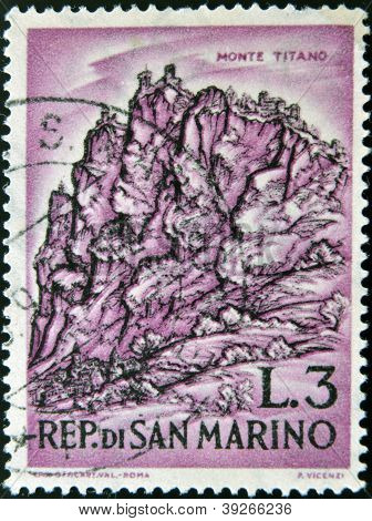 stamp printed in San Marino shows Titano Mountain