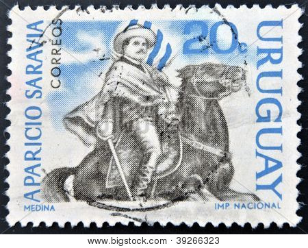stamp printed in Uruguay shows Aparicio Saravia on horseback revolutionary