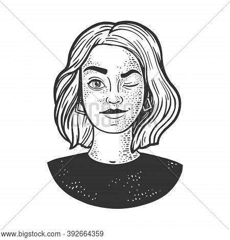 Winking Girl Portrait Sketch Engraving Vector Illustration. T-shirt Apparel Print Design. Scratch Bo