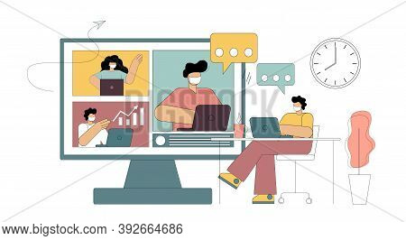 Masked People Online Teamwork, Videoconference, Telecommuting. Vector Illustration Isolated On White