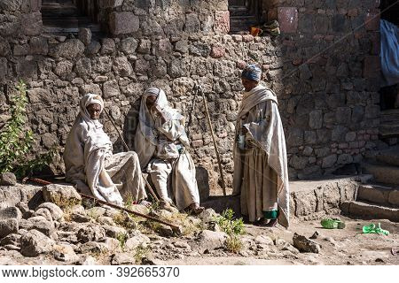 Lalibela, Ethiopia - Feb 14, 2020: Ethiopian People At The Famous Monastery Neakuto Leab Near Lalibe