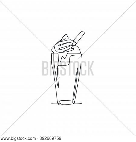 One Single Line Drawing Of Fresh Milkshake With Whipped Cream And Wafer Stick Logo Vector Illustrati