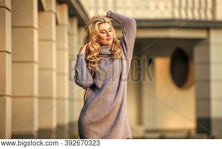 Beautiful Day. Warm Oversized Clothes. Sexy Woman Sunny Weather Outdoor. Free Style Comfortable. Aut