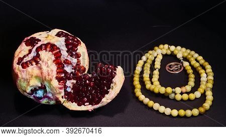 Closeup View Of Grain Red Grenades. Juicy Ripe Red Pomegranates Or Pomegranates. Fruits Of Red Ripe 