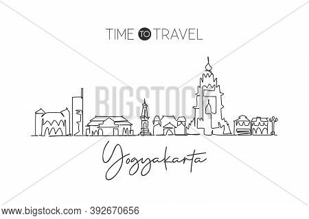 One Single Line Drawing Yogyakarta City Skyline Indonesia. World Town Landscape Home Wall Decor Post