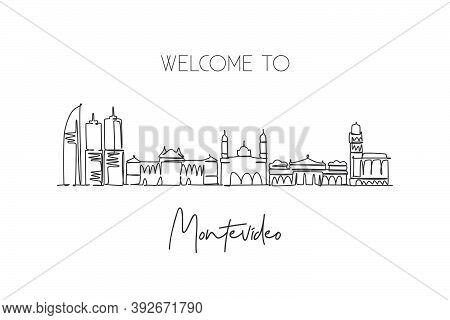 One Single Line Drawing Of Montevideo City Skyline, Uruguay. World Historical Town Landscape. Best H