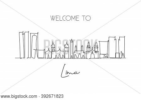 Single Continuous Line Drawing Of Lima City Skyline, Peru. Famous City Scraper Landscape. World Trav