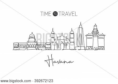 Single Continuous Line Drawing Havana Skyline, Cuba. Famous City Scraper Landscape. World Travel Des