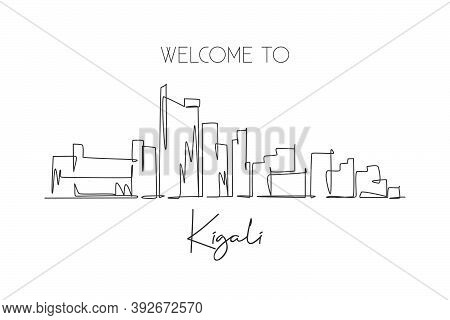 One Single Line Drawing Kigali City Skyline, Rwanda. Historical Place Landscape In World Postcard Ar