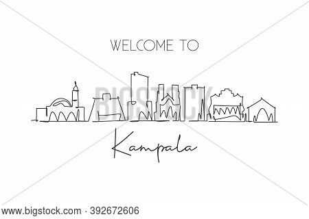 Single Continuous Line Drawing Kampala City Skyline, Uganda. Famous City Scraper And Landscape. Worl