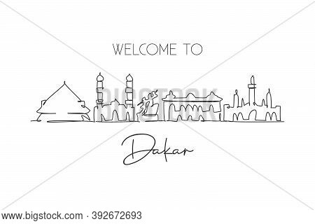 Single Continuous Line Drawing Dakar City Skyline, Senegal. Famous City Scraper And Landscape Postca